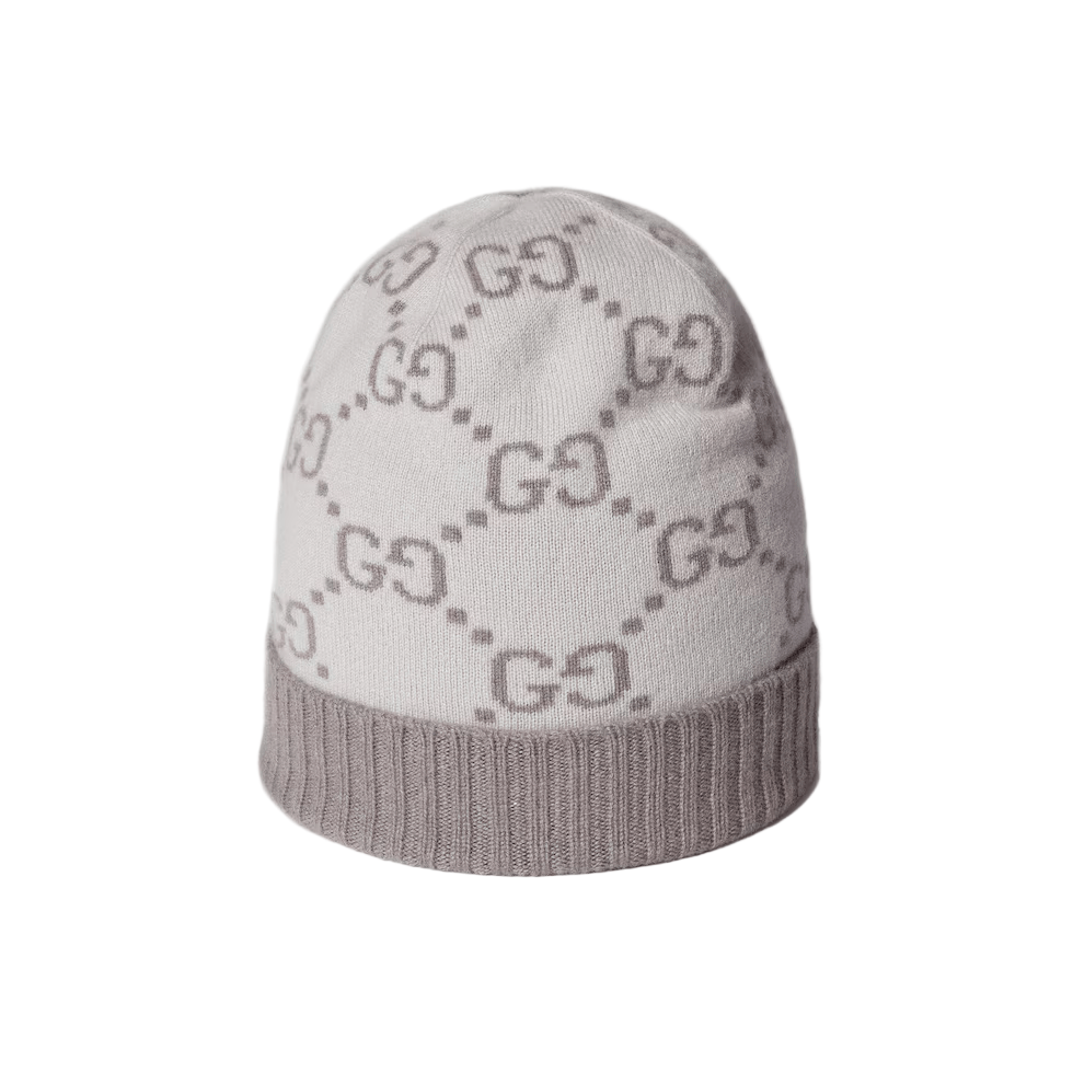 Bonnet Et Écharpe en jacquard de cachemire GG en Gris Claire